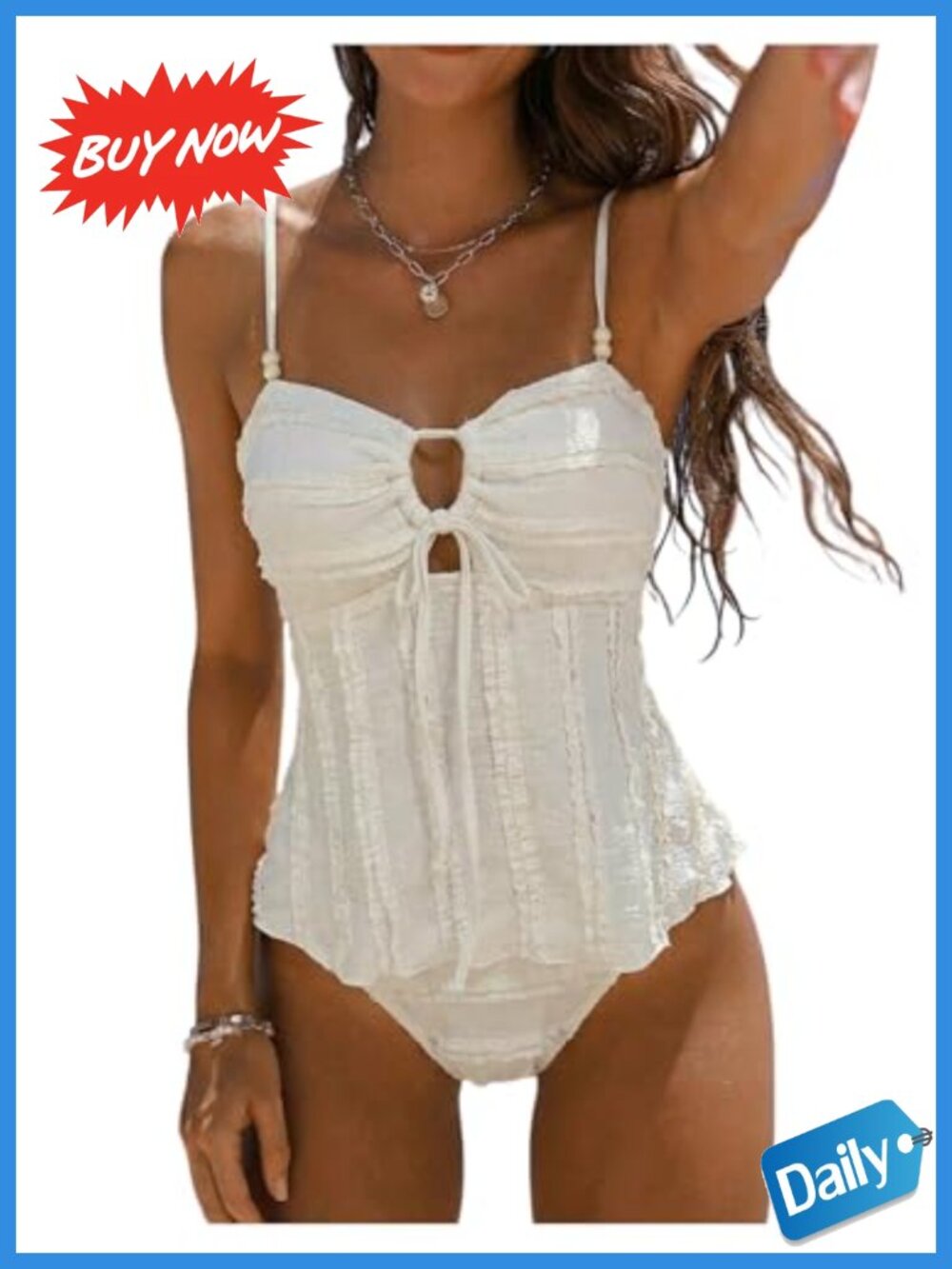 2 Piece Tankini Swimsuit Set Babydoll Top Tied Side Beachwear